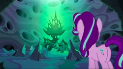 Size: 1440x809 | Tagged: safe, derpibooru import, screencap, starlight glimmer, thorax, pony, unicorn, to where and back again, butt, changeling hive, chrysalis' throne, disguise, disguised changeling, female, mare, plot, solo, throne
