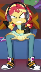 Size: 396x690 | Tagged: safe, derpibooru import, screencap, sunset shimmer, equestria girls, equestria girls series, game stream, spoiler:eqg series (season 2), angry, clothes, converse, cropped, female, gamer sunset, headphones, pants, shoes, shrunken pupils, sneakers, sunset gamer