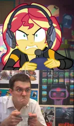 Size: 1150x1943 | Tagged: safe, derpibooru import, edit, edited screencap, screencap, fluttershy, sunset shimmer, equestria girls, equestria girls series, game stream, spoiler:eqg series (season 2), angry, angry video game nerd, comparison, controller, gamer, headset, james rolfe, psycho gamer sunset, rage, sunset gamer