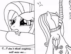 Size: 978x736 | Tagged: artist:iflysna94, butt, comic, crying, derpibooru import, fluttershy, grimdark, hanging (by neck), monochrome, noose, plot, suicide