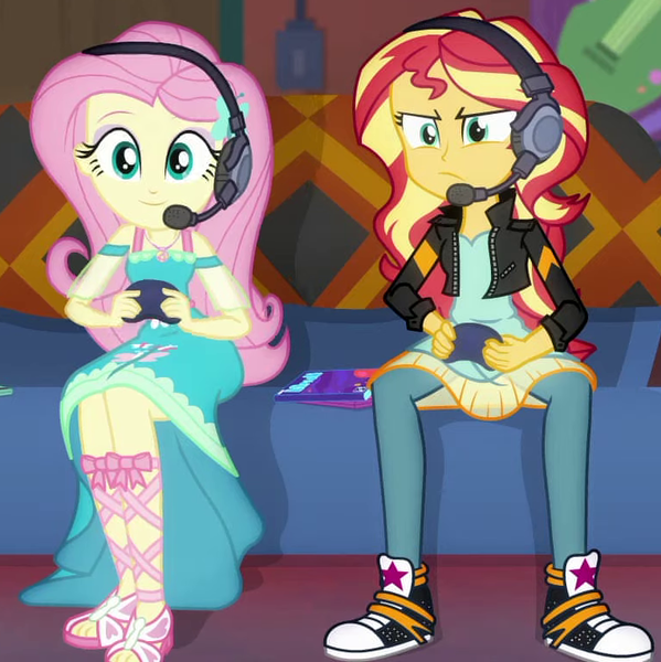 Size: 762x763 | Tagged: safe, derpibooru import, screencap, fluttershy, sunset shimmer, equestria girls, equestria girls series, game stream, spoiler:eqg series (season 2), clothes, converse, cropped, feet, gamer fluttershy, gamer sunset, gamershy, headphones, sandals, shoes, sneakers