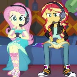 Size: 762x763 | Tagged: safe, derpibooru import, screencap, fluttershy, sunset shimmer, equestria girls, equestria girls series, game stream, spoiler:eqg series (season 2), clothes, converse, cropped, feet, gamer fluttershy, gamer sunset, gamershy, headphones, sandals, shoes, sneakers