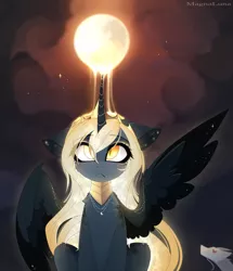 Size: 1555x1809 | Tagged: safe, artist:magnaluna, derpibooru import, princess luna, oc, oc:zefiroth, alicorn, dragon, pony, :<, female, glowing mane, heart eyes, horn, jewelry, magic, male, mare, moon, necklace, regalia, slit eyes, slit pupils, solo, spread wings, wingding eyes, wings