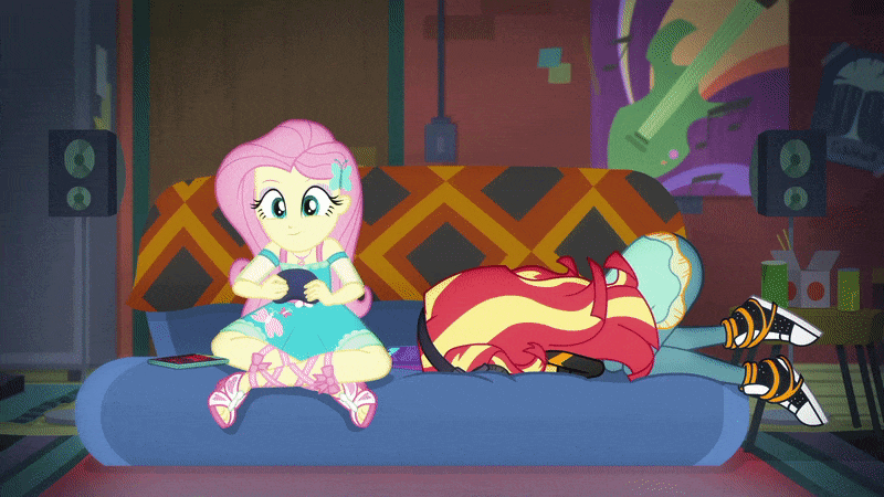 Size: 800x450 | Tagged: safe, derpibooru import, fluttershy, sunset shimmer, equestria girls, equestria girls series, game stream, spoiler:eqg series (season 2), animated, ass up, clothes, controller, converse, couch, cute, duo, eyeliner, face down ass up, female, frustrated, gamer fluttershy, gamershy, gif, guitar, immature, kicking, makeup, musical instrument, poster, psycho gamer sunset, sandals, shoes, shyabetes, sitting, sneakers, speakers, sunset shimmer frustrated at game, varying degrees of amusement