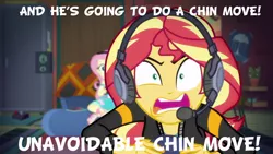 Size: 1280x720 | Tagged: safe, derpibooru import, edit, edited screencap, screencap, fluttershy, sunset shimmer, equestria girls, equestria girls series, game stream, spoiler:eqg series (season 2), angry, arin hanson, egoraptor, game grumps, gamer sunset, grumpset shimmer, headphones, headset, not so grumpershy, sonic and the black knight, sunset gamer