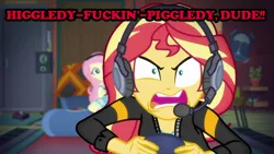 Size: 1280x720 | Tagged: safe, derpibooru import, edit, edited screencap, screencap, fluttershy, sunset shimmer, equestria girls, equestria girls series, game stream, spoiler:eqg series (season 2), arin hanson, controller, couch, egoraptor, game grumps, grumpset shimmer, headset mic, mario maker, not so grumpershy, sunset gamer, vulgar