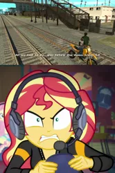 Size: 1150x1728 | Tagged: safe, derpibooru import, edit, edited screencap, screencap, fluttershy, sunset shimmer, equestria girls, equestria girls series, game stream, spoiler:eqg series (season 2), angry, big smoke, carl johnson, cropped, cute, follow the damn train, grand theft auto, gta san andreas, headphones, madorable, meme, motorcycle, psycho gamer sunset, rageset shimmer, railroad, sunset gamer, sunset shimmer frustrated at game