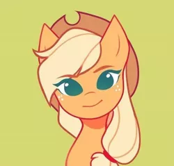 Size: 720x689 | Tagged: safe, artist:kirionek, deleted from derpibooru, derpibooru import, applejack, earth pony, pony, applejack's hat, bust, cowboy hat, cute, female, full face view, hat, head tilt, jackabetes, looking at you, mare, no pupils, portrait, simple background, smiling, solo, stetson, yellow background