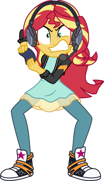 Size: 3671x6359 | Tagged: safe, artist:curvesandlines, derpibooru import, sunset shimmer, equestria girls, equestria girls series, game stream, spoiler:eqg series (season 2), absurd resolution, angry, clothes, controller, converse, headphones, joystick, shoes, simple background, sneakers, solo, transparent background, vector