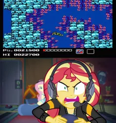 Size: 600x638 | Tagged: safe, derpibooru import, edit, edited screencap, screencap, fluttershy, sunset shimmer, equestria girls, equestria girls series, game stream, spoiler:eqg series (season 2), gamer sunset, konami, meme, nintendo entertainment system, psycho gamer sunset, sunset gamer, sunset shimmer frustrated at game, teenage mutant ninja turtles