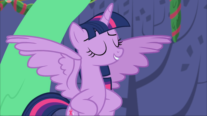 Size: 1668x936 | Tagged: safe, derpibooru import, screencap, twilight sparkle, twilight sparkle (alicorn), alicorn, pony, best gift ever, eyes closed, female, food, hooves on hips, pudding, puddinghead's pudding, smug, solo, spread wings, wings