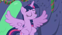 Size: 1666x937 | Tagged: safe, derpibooru import, screencap, twilight sparkle, twilight sparkle (alicorn), alicorn, pony, best gift ever, eyes closed, female, food, hooves on hips, pudding, puddinghead's pudding, smug, spread wings, wings