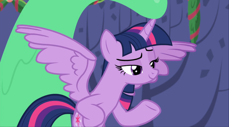 Size: 1667x929 | Tagged: safe, derpibooru import, screencap, twilight sparkle, twilight sparkle (alicorn), alicorn, pony, best gift ever, female, food, hooves on hips, lidded eyes, pudding, puddinghead's pudding, smiling, smirk, smug, solo, spread wings, wings