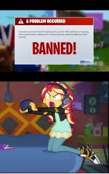 Size: 480x765 | Tagged: safe, derpibooru import, edit, screencap, sunset shimmer, equestria girls, equestria girls series, game stream, spoiler:eqg series (season 2), banned, clothes, converse, error message, fortnite, gamer sunset, meme, psycho gamer sunset, shimmercode, shoes, sunset gamer, sunset shimmer frustrated at game, this will end in a broken tv, this will end in death