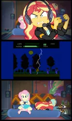 Size: 575x968 | Tagged: safe, derpibooru import, edit, screencap, fluttershy, sunset shimmer, equestria girls, equestria girls series, game stream, spoiler:eqg series (season 2), clothes, controller, converse, death, dr jekyll and mr hyde, face down ass up, frustrated, gamer, gamer sunset, gamershy, meme, nintendo entertainment system, psycho gamer sunset, rage, rage face, shimmercode, shoes, sunset gamer, sunset shimmer frustrated at game