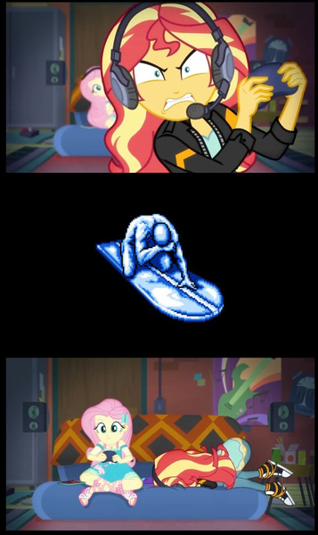 Size: 575x966 | Tagged: safe, derpibooru import, edit, screencap, fluttershy, sunset shimmer, equestria girls, equestria girls series, game stream, spoiler:eqg series (season 2), clothes, controller, converse, face down ass up, frustrated, game over, gamer, gamer sunset, gamershy, meme, nintendo entertainment system, psycho gamer sunset, rage, rage face, shimmercode, shoes, silver surfer, sunset gamer, sunset shimmer frustrated at game