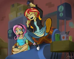 Size: 2672x2124 | Tagged: safe, artist:oinktweetstudios, derpibooru import, fluttershy, sunset shimmer, equestria girls, equestria girls series, game stream, spoiler:eqg series (season 2), barefoot, clothes, controller, converse, dress, eyes closed, feet, female, fluttershy is not amused, gamershy, human coloration, shimmercode, shoes, smiling, sneakers, unamused