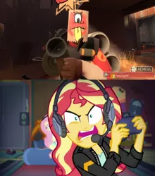 Size: 1356x1540 | Tagged: safe, derpibooru import, edit, screencap, adagio dazzle, fluttershy, sunset shimmer, equestria girls, equestria girls series, game stream, spoiler:eqg series (season 2), angry, demoman, gamer sunset, meme, nemesis, paper bag, psycho gamer sunset, shimmercode, stickybomb launcher, sunset gamer, sunset shimmer frustrated at game, team fortress 2, weapon