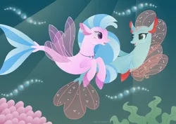 Size: 1280x906 | Tagged: safe, artist:lavenderrain24, derpibooru import, ocellus, silverstream, pony, seapony (g4), disguise, disguised changeling, seaponified, seapony ocellus, species swap, underwater