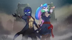 Size: 1024x576 | Tagged: safe, artist:danli69, derpibooru import, princess celestia, princess luna, ponified, anthro, pony, two best sisters play, assassin's creed, assassin's creed unity, crossover, flintlock