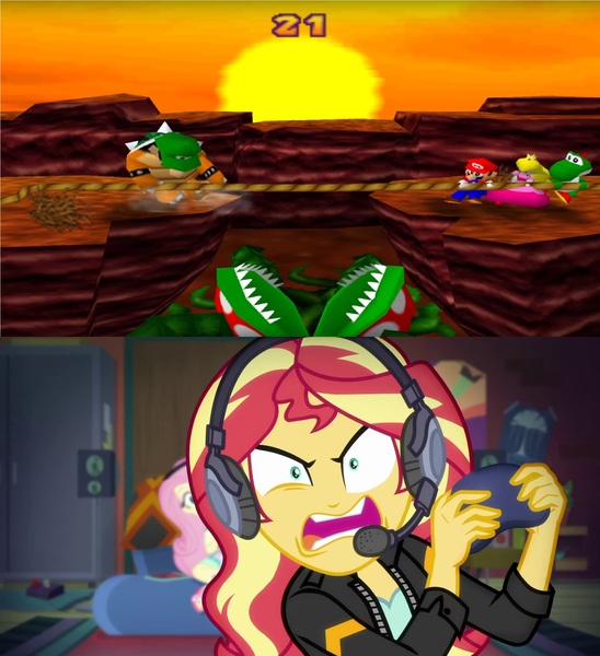 Size: 1920x2104 | Tagged: safe, derpibooru import, edit, screencap, fluttershy, sunset shimmer, yoshi, equestria girls, equestria girls series, game stream, spoiler:eqg series (season 2), bowser, luigi, mario, mario party, princess peach, psycho gamer sunset, rage, sunset gamer, sunset shimmer frustrated at game, super mario bros., this will end in a broken tv, this will end in tears