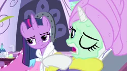 Size: 1280x720 | Tagged: safe, derpibooru import, screencap, rarity, twilight sparkle, pony, rarity's biggest fan, spoiler:interseason shorts, alternate hairstyle, clothes, duo, loose hair, mud mask, one eye closed, robe, spa robe, towel