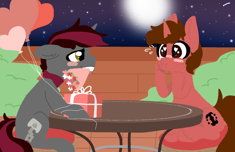Size: 1980x1280 | Tagged: safe, artist:nootaz, derpibooru import, oc, oc:aneroid hydrolock, oc:spudtagus, unofficial characters only, pony, commission, gay, holiday, male, valentine's day, ych result
