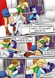 Size: 1200x1697 | Tagged: suggestive, artist:bandijones, derpibooru import, applejack, rarity, comic:rarijack's time, equestria girls, equestria girls series, adorasexy, blushing, boots, clothes, comic, cute, female, french, grammar error, hat, high heel boots, high heels, kissing, legs, lesbian, licking, looking at each other, neck licking, rarijack, sexy, shipping, shoes, tongue out