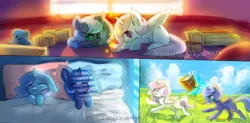 Size: 1426x702 | Tagged: safe, artist:aquagalaxy, derpibooru import, princess celestia, princess luna, alicorn, pony, ><, blanket, blocks, bucket of water, cewestia, colored pupils, cute, cutelestia, ear fluff, eyes closed, female, filly, floppy ears, lunabetes, magic, open mouth, pillow, pink-mane celestia, plushie, prone, royal sisters, scrunchy face, siblings, sisters, sleeping, wavy mouth, woona, younger