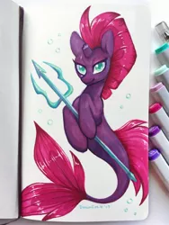 Size: 2268x3024 | Tagged: artist:dawnfire, broken horn, derpibooru import, eye scar, female, horn, safe, scar, seaponified, seapony (g4), seapony tempest shadow, smiling, solo, species swap, tempest shadow, traditional art, trident, weapon