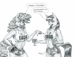 Size: 1400x1082 | Tagged: suggestive, artist:baron engel, derpibooru import, boulder (pet), maud pie, pinkie pie, anthro, earth pony, belly button, breasts, cleavage, clothes, dialogue, drink, duo, duo female, erect nipples, female, grayscale, image, jpeg, martini glass, midriff, milestone, monochrome, nipple outline, panties, pencil drawing, pie sisters, pointing, shorts, siblings, simple background, sisters, sketch, sports bra, thong, traditional art, underwear, white background