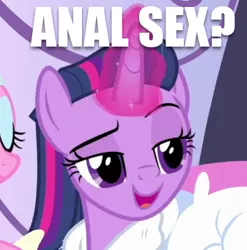 Size: 392x397 | Tagged: suggestive, derpibooru import, edit, edited screencap, screencap, aloe, twilight sparkle, twilight sparkle (alicorn), alicorn, unicorn, rarity's biggest fan, spoiler:interseason shorts, alternate hairstyle, bedroom eyes, caption, cropped, female, glowing horn, horn, image macro, implied anal, implied sex, mare, open mouth, raised eyebrow, solo focus, text