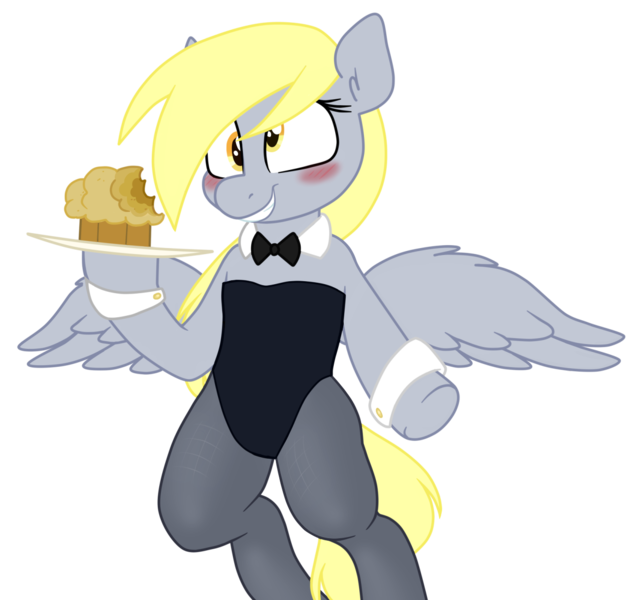 Size: 1280x1214 | Tagged: safe, artist:smogslog, color edit, derpibooru import, edit, editor:deserter, derpy hooves, pegasus, pony, blushing, bowtie, clothes, colored, cuffs (clothes), female, food, leotard, mare, muffin, pantyhose, simple background, solo, transparent background
