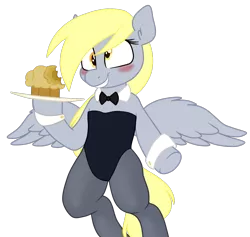 Size: 1280x1214 | Tagged: safe, artist:smogslog, color edit, derpibooru import, edit, editor:deserter, derpy hooves, pegasus, pony, blushing, bowtie, clothes, colored, cuffs (clothes), female, food, leotard, mare, muffin, pantyhose, simple background, solo, transparent background