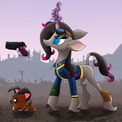 Size: 3000x3000 | Tagged: safe, artist:elite-bean-dip, derpibooru import, oleander (tfh), classical unicorn, dog, unicorn, them's fightin' herds, 10mm pistol, clothes, cloven hooves, colored hooves, community related, crossover, fallout, female, goggles, gun, handgun, leonine tail, magic, magic aura, mare, pipbuck, pistol, puppy, telekinesis, unshorn fetlocks, vault suit, weapon