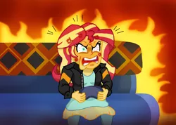 Size: 4208x3000 | Tagged: safe, artist:edcom02, derpibooru import, sunset shimmer, equestria girls, equestria girls series, game stream, spoiler:eqg series (season 2), angry, cross-popping veins, fiery shimmer, gamer sunset, psycho gamer sunset, rage, sunset shimmer frustrated at game