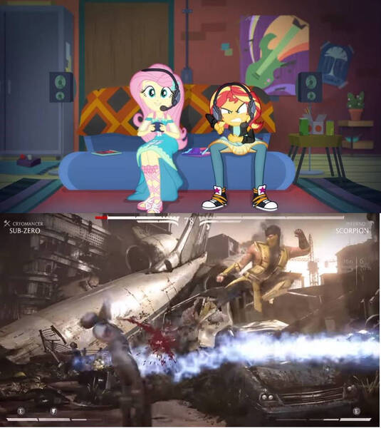 Size: 844x947 | Tagged: safe, derpibooru import, edit, screencap, fluttershy, sunset shimmer, equestria girls, equestria girls series, game stream, spoiler:eqg series (season 2), clothes, controller, converse, gamer sunset, gamershy, meme, mortal kombat, mortal kombat x, scorpion (mortal kombat), shoes, sneakers, sub-zero, sunset gamer, sunset shimmer frustrated at game, sunset's apartment, video game