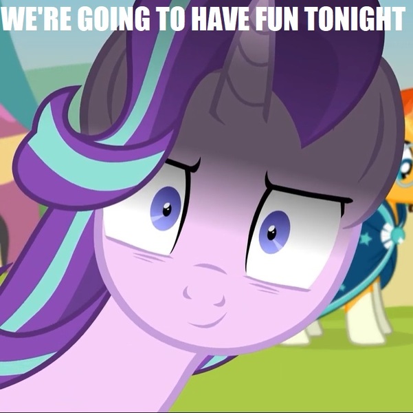 Size: 721x720 | Tagged: suggestive, artist:agrol, derpibooru import, edit, edited edit, starlight glimmer, sunburst, >:), caption, female, glarelight glimmer, image macro, impact font, implied sex, inconvenient starlight, innuendo, inverted mouth, male, shipping, smiling, smirk, snaplight glimmer, starburst, straight, text, time for two, yandere glimmer