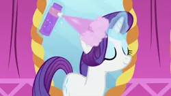 Size: 1280x720 | Tagged: safe, derpibooru import, screencap, rarity, pony, unicorn, rarity's biggest fan, spoiler:interseason shorts, eyes closed, female, hairspray, mare