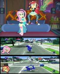 Size: 640x795 | Tagged: safe, derpibooru import, edit, edited screencap, screencap, fluttershy, sunset shimmer, equestria girls, equestria girls series, game stream, spoiler:eqg series (season 2), angry, clothes, converse, frustrated, pepsi, pepsiman, playstation, shimmercode, shoes, sneakers, soda, sunset shimmer frustrated at game, versus