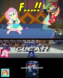 Size: 640x795 | Tagged: safe, derpibooru import, edit, edited screencap, screencap, fluttershy, sunset shimmer, equestria girls, equestria girls series, game stream, spoiler:eqg series (season 2), angry, clothes, converse, meme, pepsi, pepsiman, playstation, shoes, sneakers, soda, sunset shimmer frustrated at game, versus