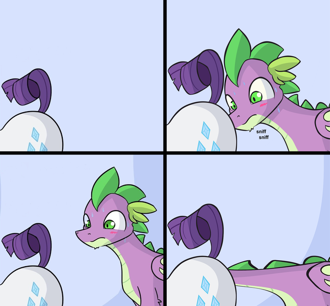 Size: 1359x1261 | Tagged: suggestive, artist:tjpones, derpibooru import, edit, rarity, spike, dragon, pony, unicorn, butt, female, fetish, head up butt, loss (meme), loss edit, male, penetration, plot, shipping, sniffing, sparity, straight, sweat, wat