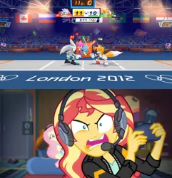 Size: 1920x1995 | Tagged: safe, derpibooru import, edit, editor:sonic ranger, fluttershy, sunset shimmer, equestria girls, equestria girls series, game stream, spoiler:eqg series (season 2), angry, espio the chameleon, fencing, image, london 2012, mario & sonic, mario & sonic at the london 2012 olympic games, mario & sonic at the olympic games, mario and sonic, mario and sonic at the olympic games, miles "tails" prower, png, silver the hedgehog, sonic the hedgehog (series), sunset shimmer frustrated at game, sunset the angry gamer