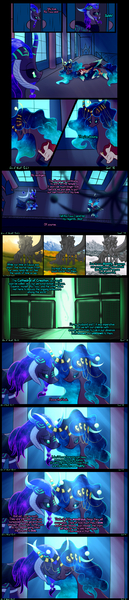 Size: 1470x6811 | Tagged: alternate universe, artist:astralmelodia, autumn, cathedral, comic:era of night, derpibooru import, forest, hallway, oc, oc:equinox (astralmelodia), oc:solstice (astralmelodia), princess celestia, princess luna, safe, snow, statue, summer, text, winter