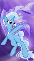 Size: 3072x5461 | Tagged: safe, artist:theroyalprincesses, derpibooru import, trixie, pony, unicorn, absurd resolution, cape, clothes, cute, diatrixes, female, happy, hat, mare, open mouth, solo, trixie's cape, trixie's hat