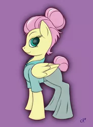 Size: 1928x2632 | Tagged: safe, artist:lux-arume, derpibooru import, fluttershy, pegasus, pony, fake it 'til you make it, alternate hairstyle, clothes, hair bun, hoodie, looking at you, purple background, severeshy, simple background, solo