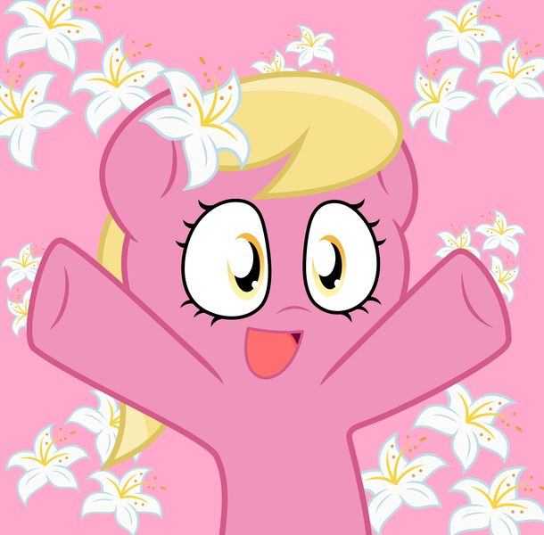 Size: 2033x2000 | Tagged: safe, artist:chainchomp2, derpibooru import, lily, lily valley, earth pony, pony, base used, cute, cutie mark background, female, flower, lily (flower), lilybetes, mare, nya, open mouth, paffendorf, pink background, simple background, solo