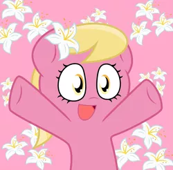 Size: 2033x2000 | Tagged: safe, artist:chainchomp2, derpibooru import, lily, lily valley, earth pony, pony, base used, cute, cutie mark background, female, flower, lilybetes, lily (flower), mare, nya, open mouth, paffendorf, pink background, simple background, solo