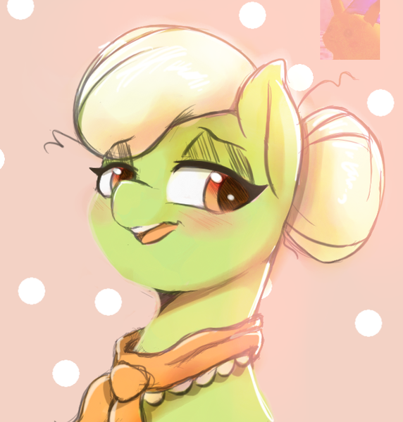 Size: 666x699 | Tagged: safe, artist:tre, derpibooru import, granny smith, earth pony, pikachu, pony, adorasmith, blushing, bust, cute, female, lidded eyes, mare, pokémon, portrait, solo, young granny smith, younger