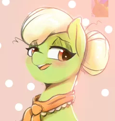 Size: 666x699 | Tagged: safe, artist:tre, derpibooru import, granny smith, earth pony, pikachu, pony, adorasmith, blushing, bust, cute, female, lidded eyes, mare, pokémon, portrait, solo, younger, young granny smith